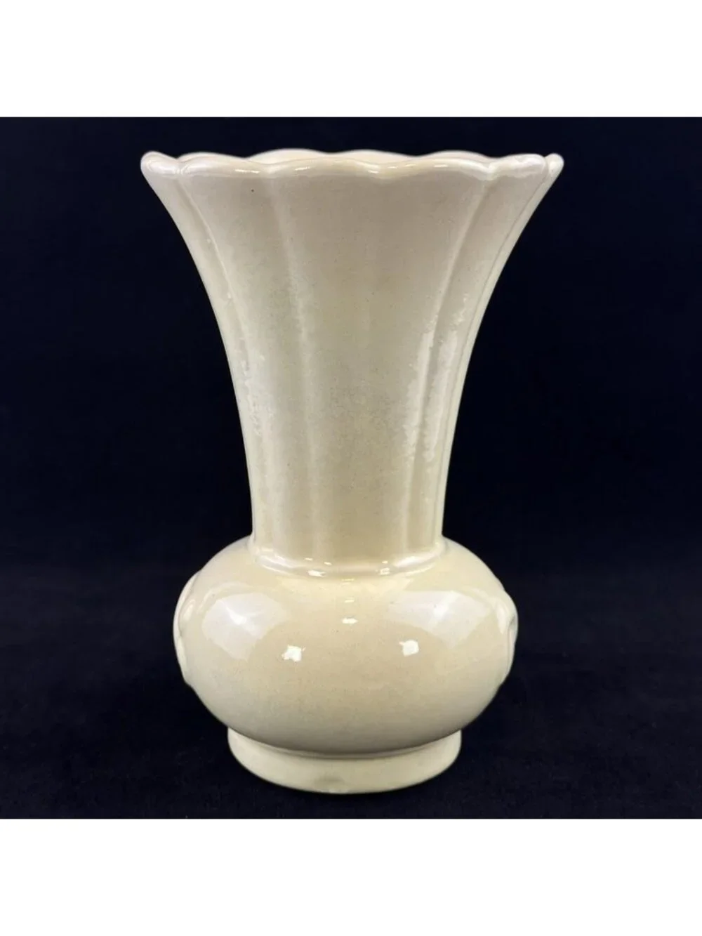 Vintage Cream Ceramic Vase Scalloped Rim Embossed Scroll 6.5” Tall Pottery